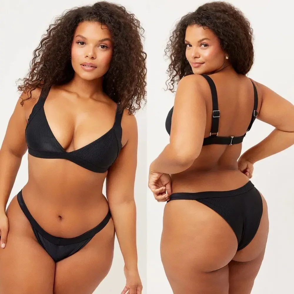 Frankies Bikinis Grace Cheeky Bikini Bottom - Black RIbbed - L - NWT